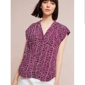 ANTHROPOLOGIE Raffine button down top by Maeve purple scribble w/ hearts Rayon